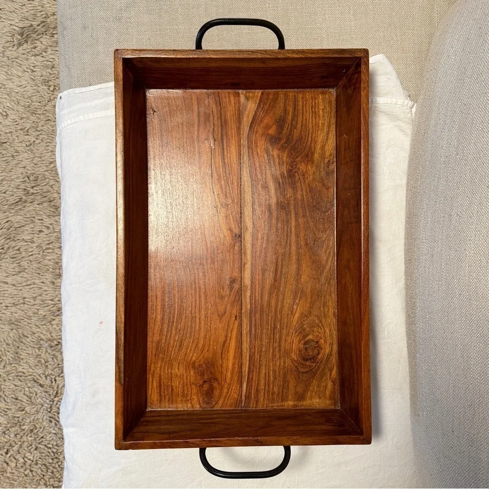 Large Rectangular Wood Tray with Metal Handles